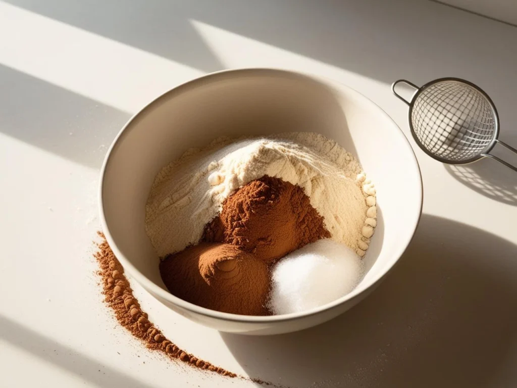 Mixing dry ingredients like cocoa powder, almond flour, and baking powder in a glass bowl for peanut butter brownies.