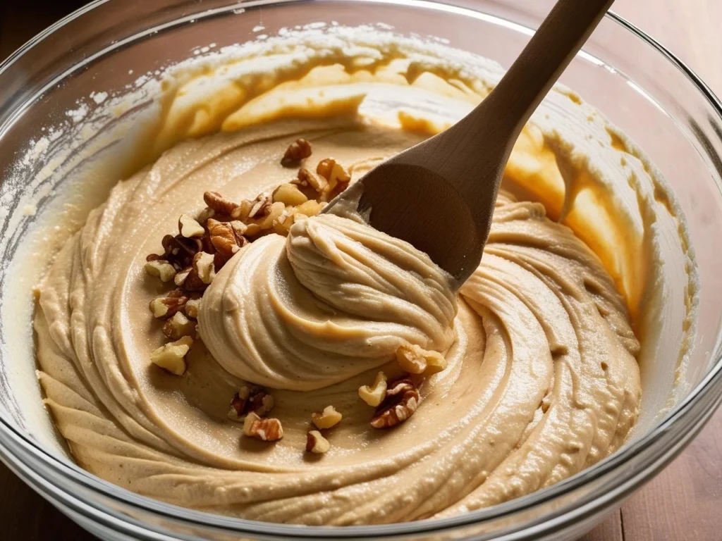 A mixing bowl filled with banana bread batter, with chopped walnuts being folded in using a spatula.