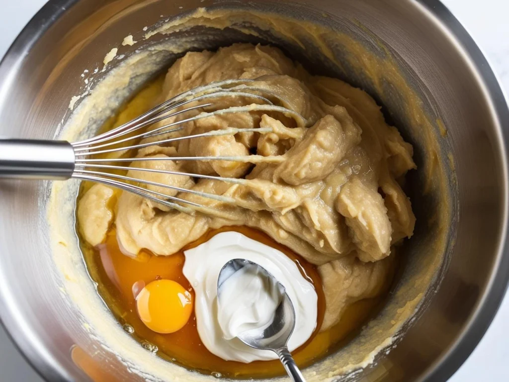 A bowl filled with mashed bananas, eggs, and maple syrup being whisked together until smooth.