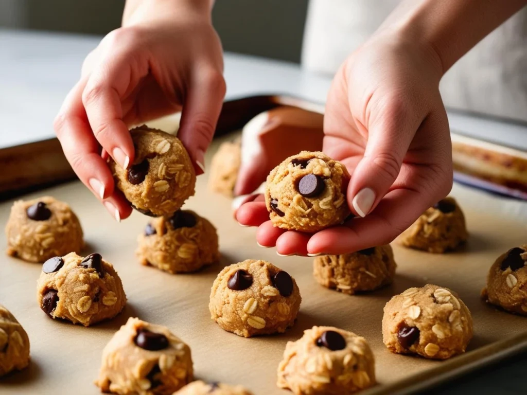 A hand scooping protein oatmeal cookie dough onto a baking tray.