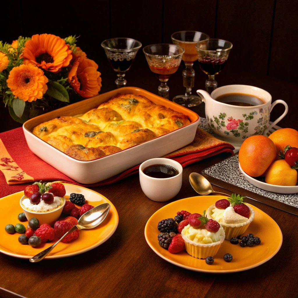 A beautifully arranged brunch table featuring crescent roll breakfast casserole.