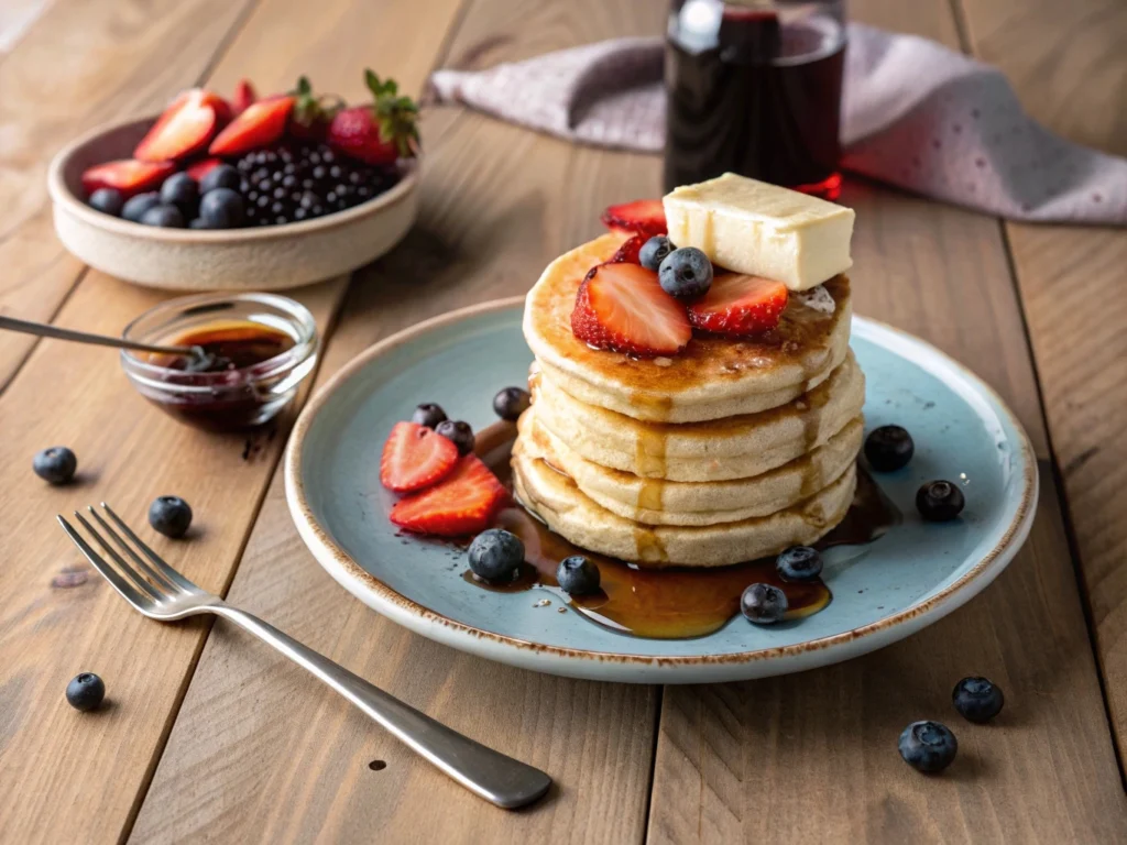 Serving of dairy-free pancakes with fresh fruit and syrup