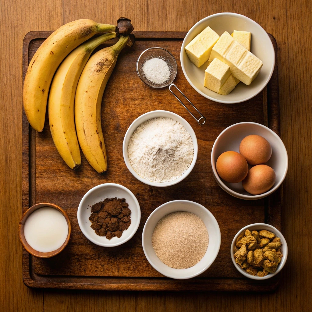 Ingredients for banana bread, including bananas, flour, sugar, eggs, and butter.