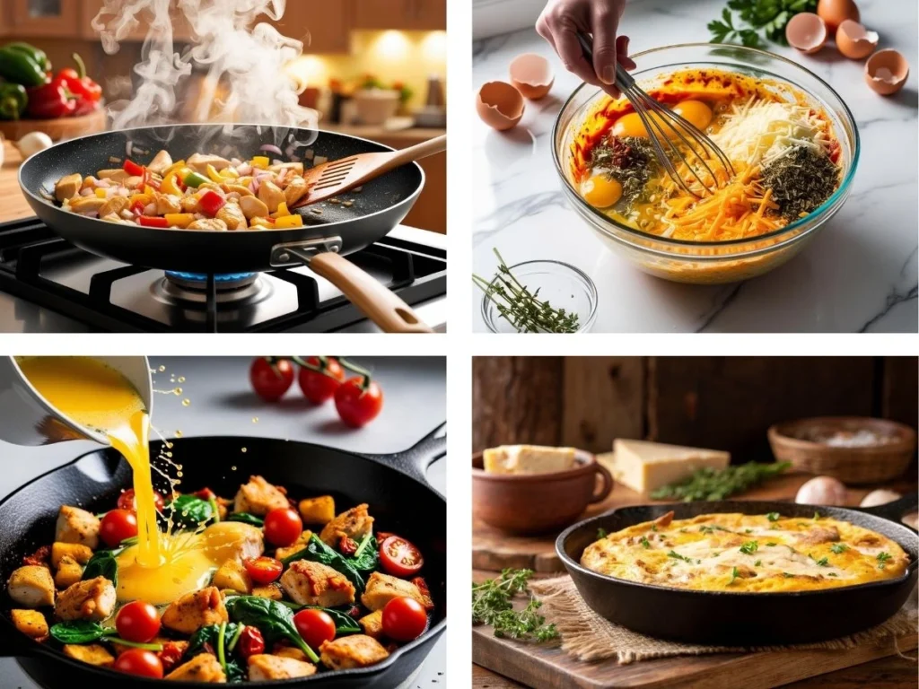 Step-by-step process of making a chicken frittata, from whisking eggs to baking.