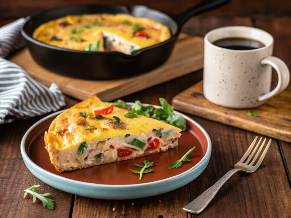 A plated slice of chicken frittata with avocado toast and a fresh salad.