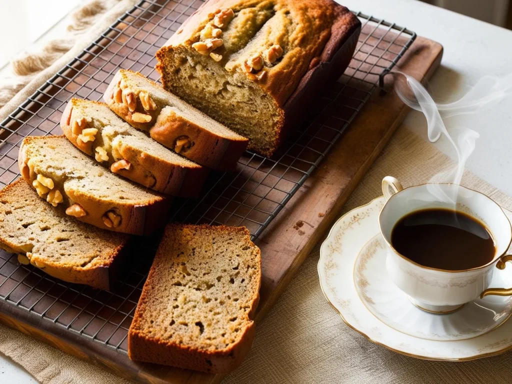 A freshly baked banana bread loaf cooling on a wire rack, sliced and ready to be served.