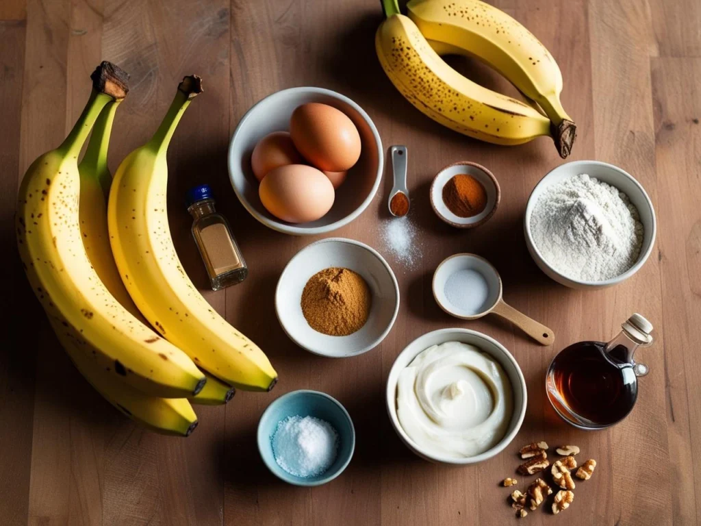 A flat lay of fresh bananas, whole wheat flour, eggs, honey, yogurt, and walnuts arranged on a wooden countertop.