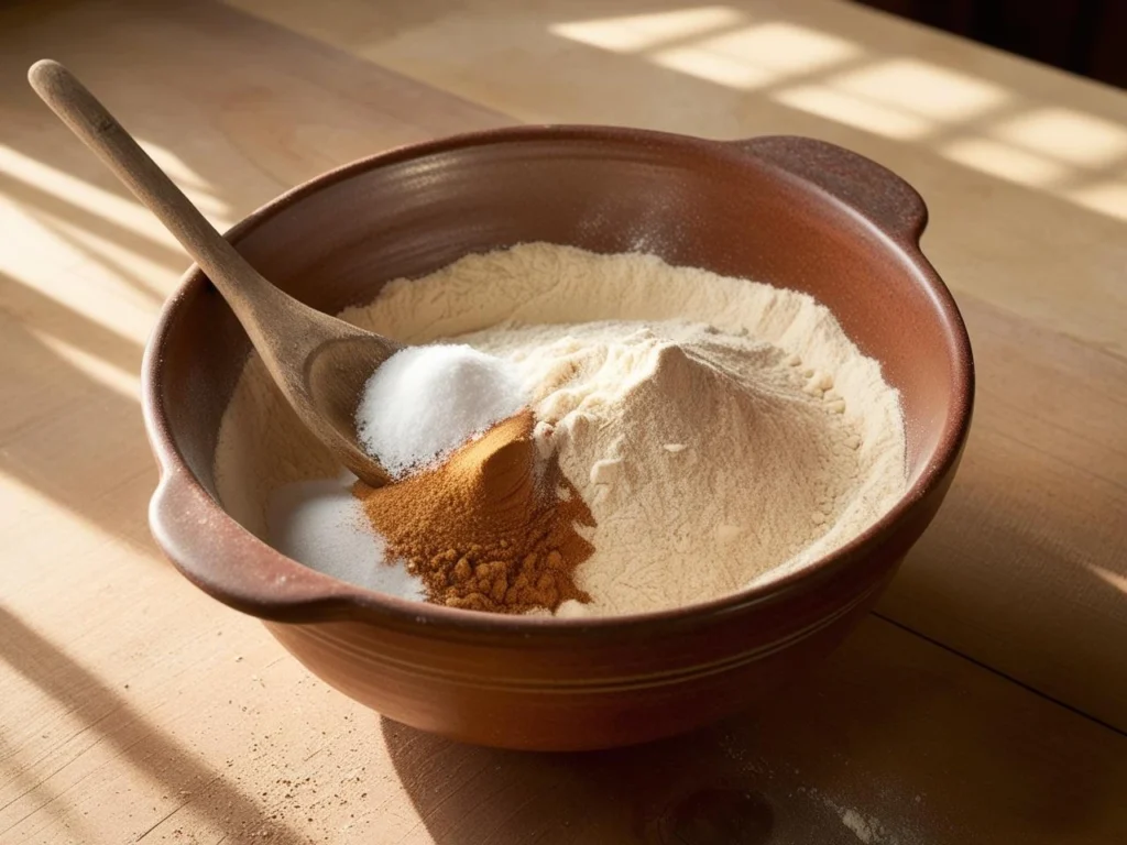 A mixing bowl filled with flour, baking soda, cinnamon, and salt being whisked together.