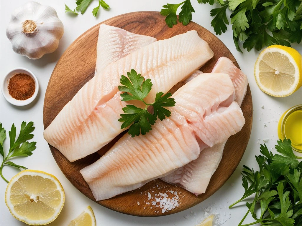 Fresh rockfish fillets with seasonings and herbs.