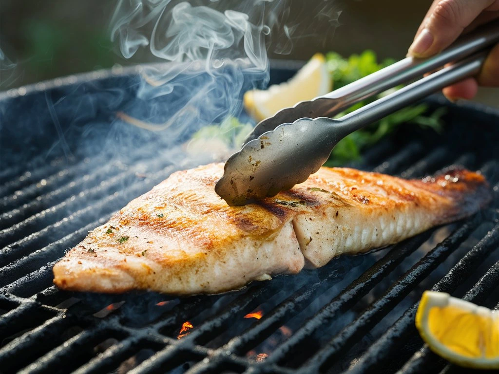 Grilled rockfish fillet with smoky char marks on an outdoor grill.